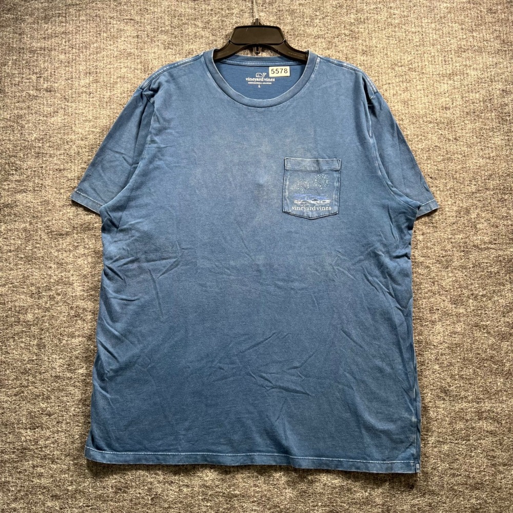 Vineyard Vines Mens Large Blue Short Sleeve Pocket T-Shirt Fireworks Whale